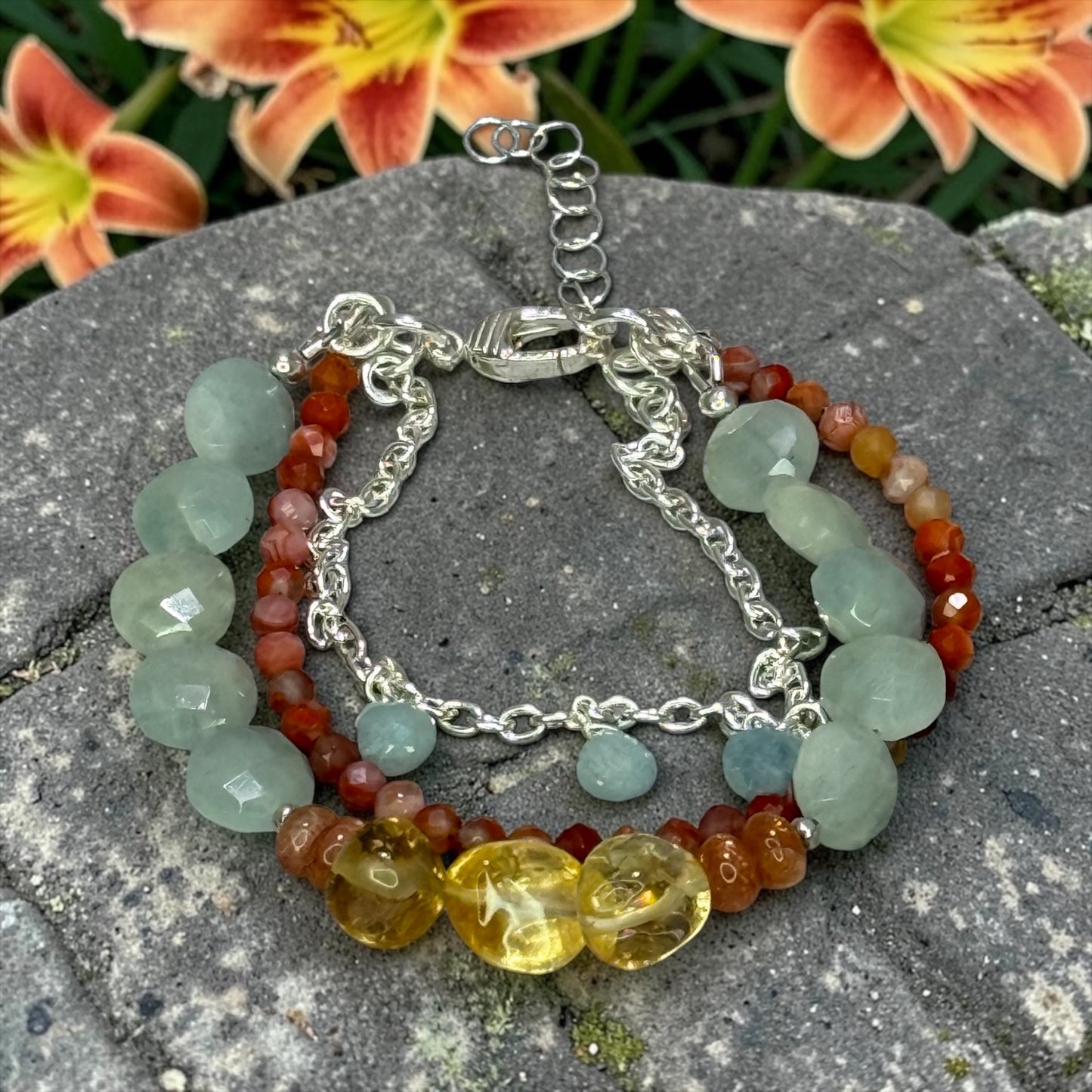Garden Party - Citrine, Aquamarine, Sunstone, and Red Agate Adjustable 3 Strand Bracelet