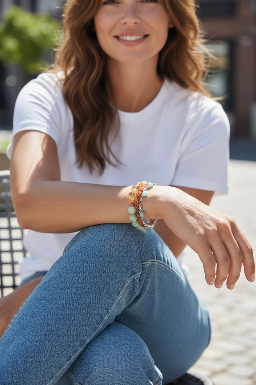 Garden Party - Citrine, Aquamarine, Sunstone, and Red Agate Adjustable 3 Strand Bracelet