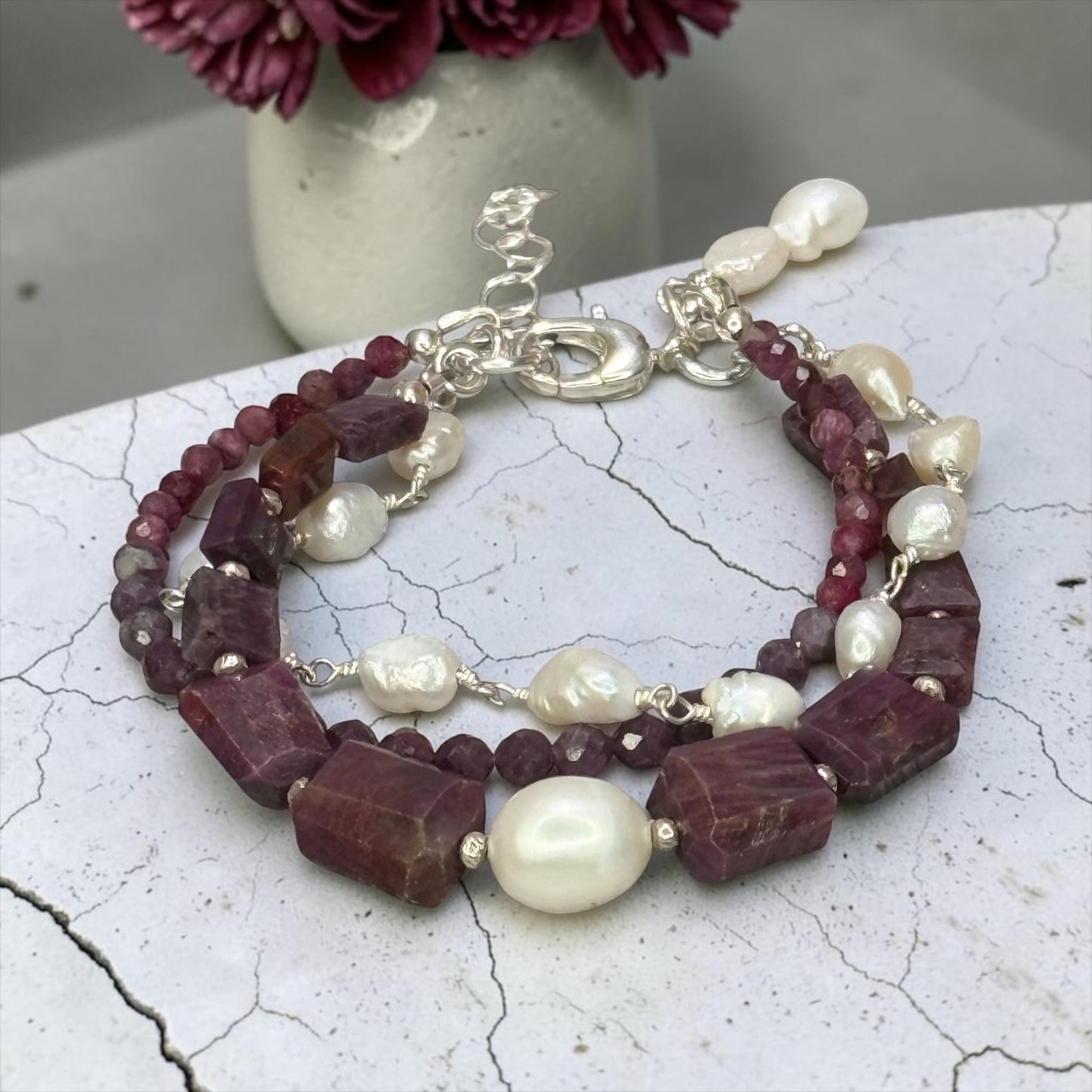 Ruby’s Jewels - Raw Rubies and Baroque Pearls 3 Strand Adjustable Bracelet
