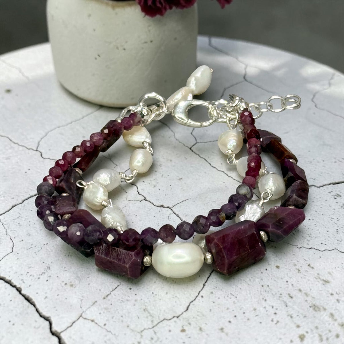 Ruby’s Jewels - Raw Rubies and Baroque Pearls 3 Strand Adjustable Bracelet