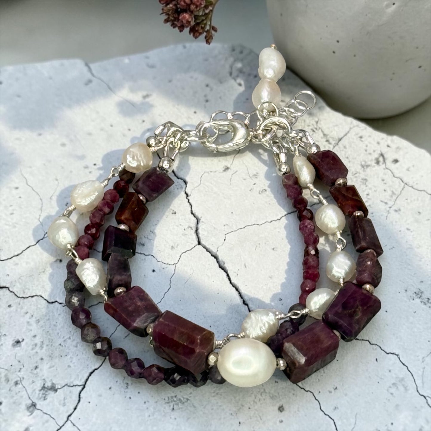 Ruby’s Jewels - Raw Rubies and Baroque Pearls 3 Strand Adjustable Bracelet