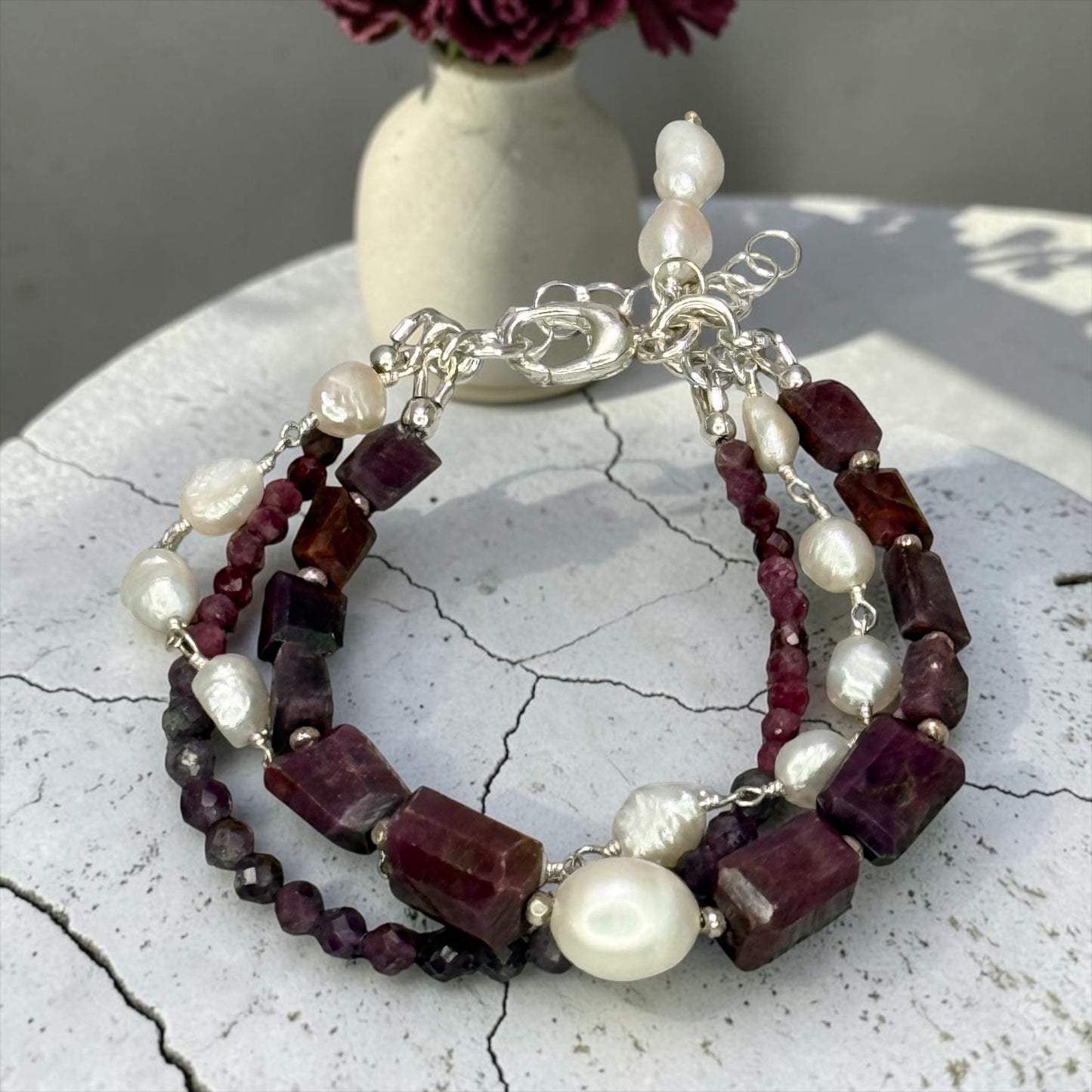 Ruby’s Jewels - Raw Rubies and Baroque Pearls 3 Strand Adjustable Bracelet
