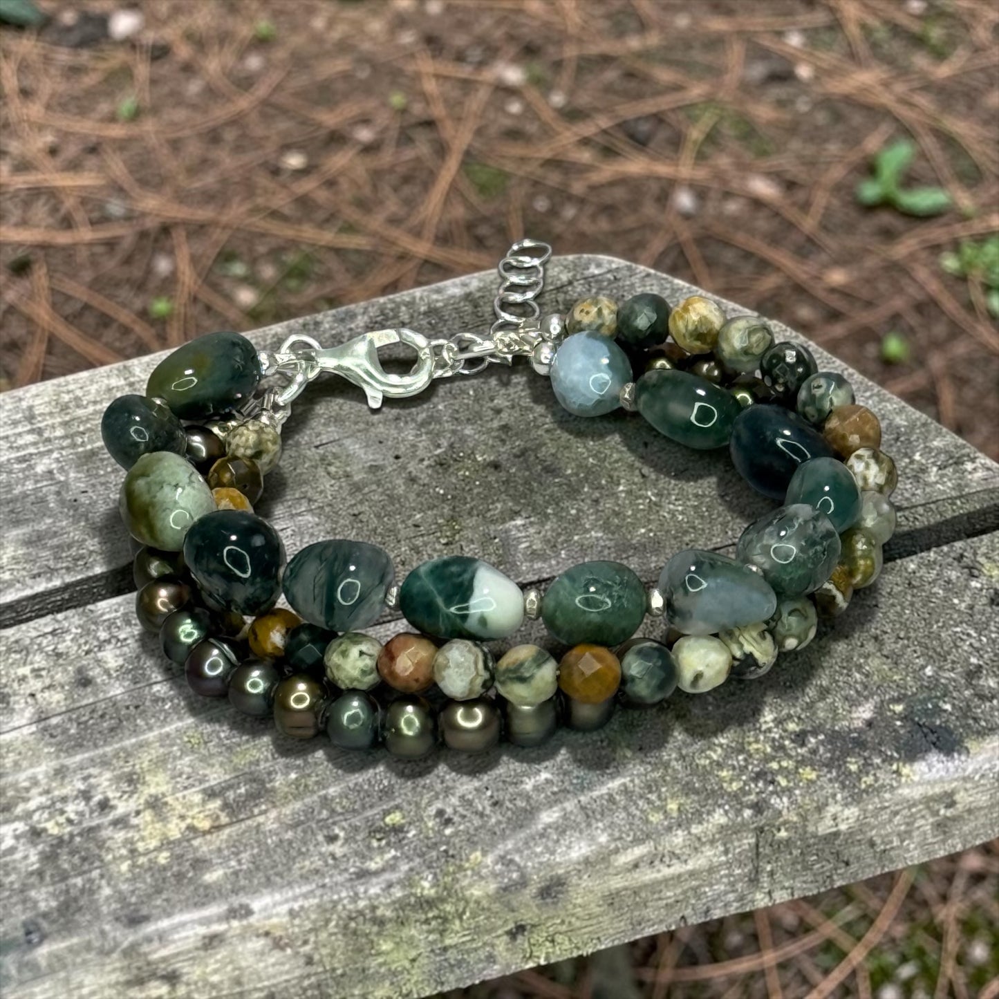 Natural Elements - Green Moss Agate, Ocean Jasper, and Peacock Green Pearls - 3 Strand Adjustable Bracelet