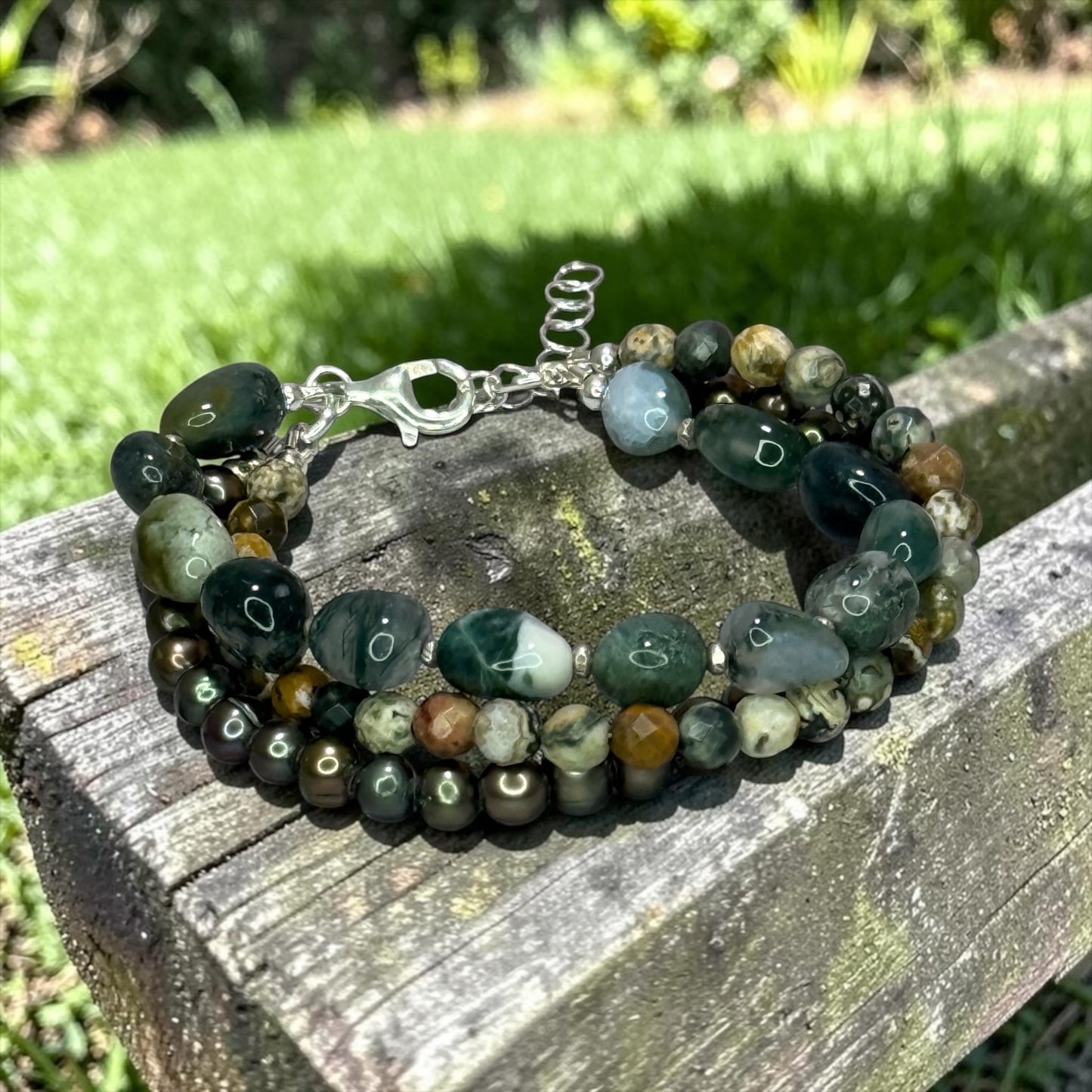 Natural Elements - Green Moss Agate, Ocean Jasper, and Peacock Green Pearls - 3 Strand Adjustable Bracelet