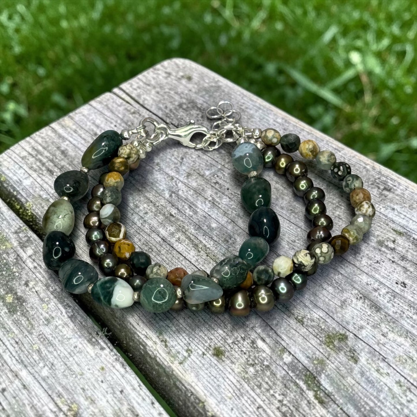 Natural Elements - Green Moss Agate, Ocean Jasper, and Peacock Green Pearls - 3 Strand Adjustable Bracelet