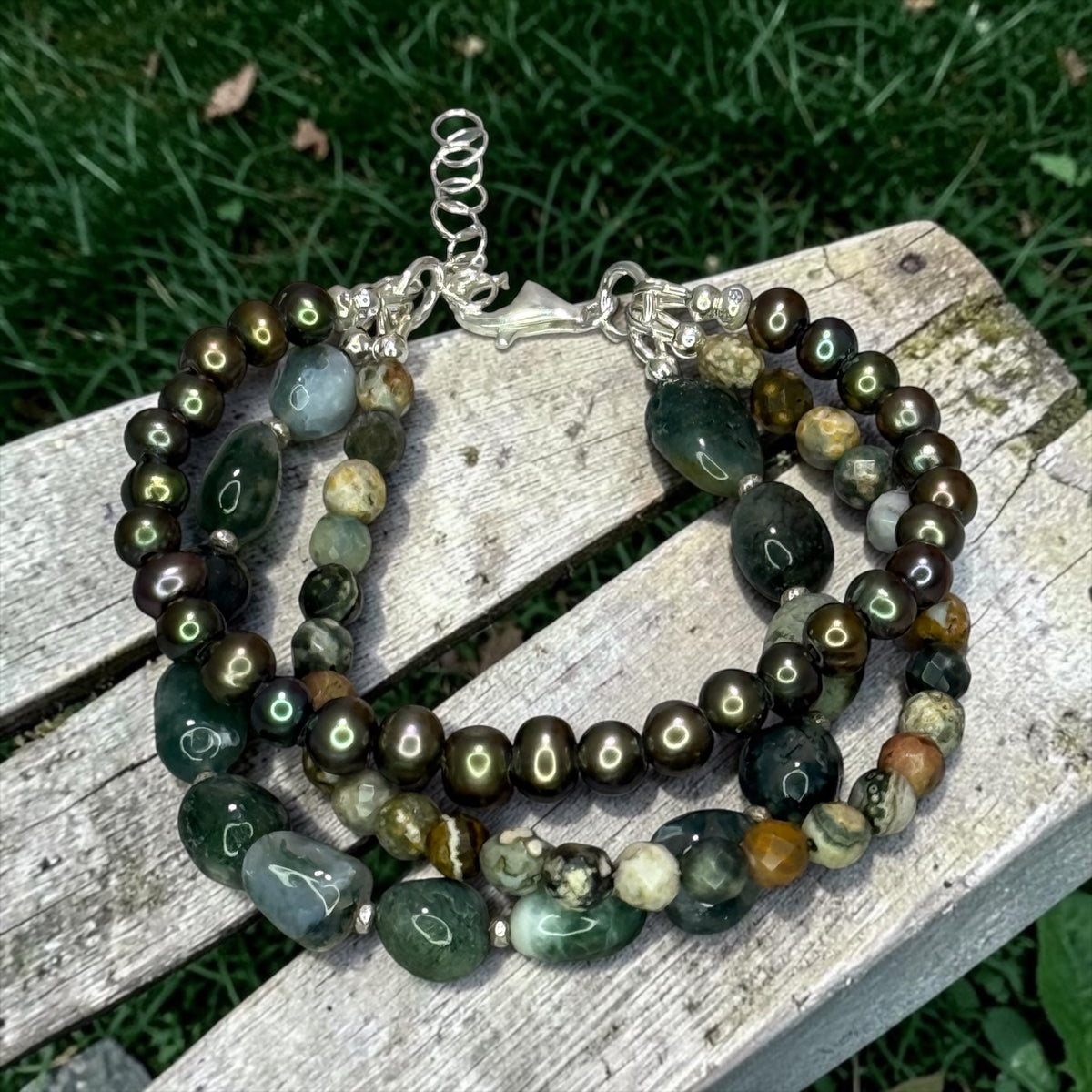 Natural Elements - Green Moss Agate, Ocean Jasper, and Peacock Green Pearls - 3 Strand Adjustable Bracelet