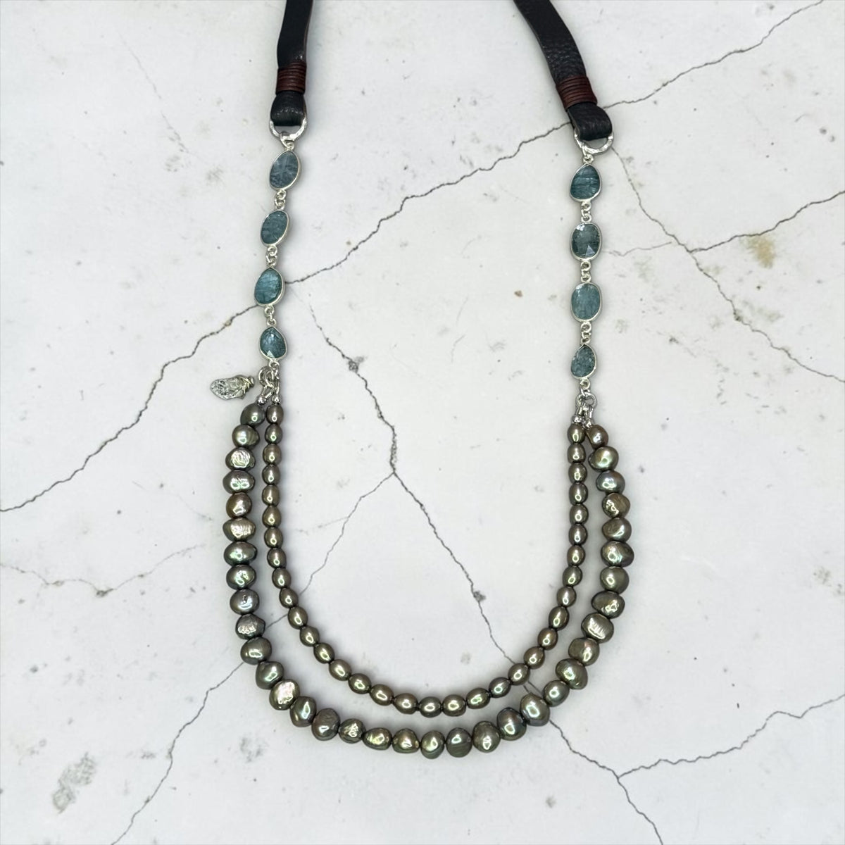 Agua Dulce - Hand Cut Aqua Kyanite with Shimmery Sand Colored Pearls - Adjustable Leather Necklace