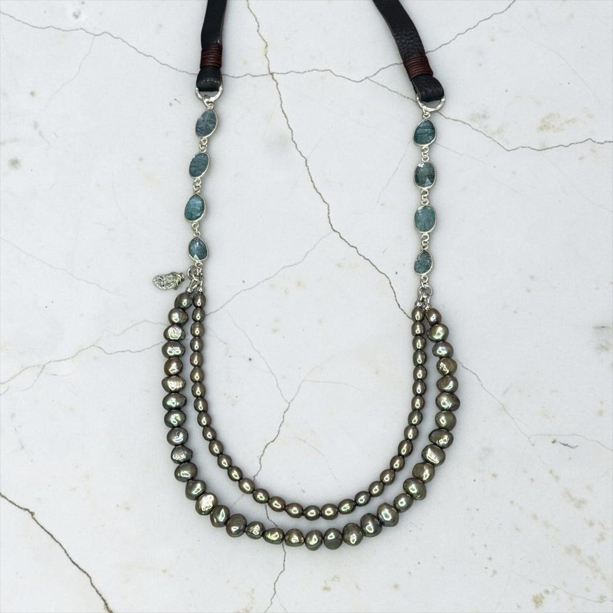 Agua Dulce - Hand Cut Aqua Kyanite with Shimmery Sand Colored Pearls - Adjustable Leather Necklace