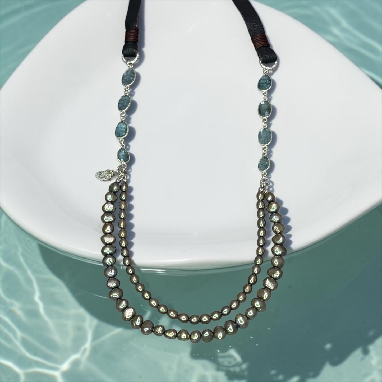 Agua Dulce - Hand Cut Aqua Kyanite with Shimmery Sand Colored Pearls - Adjustable Leather Necklace