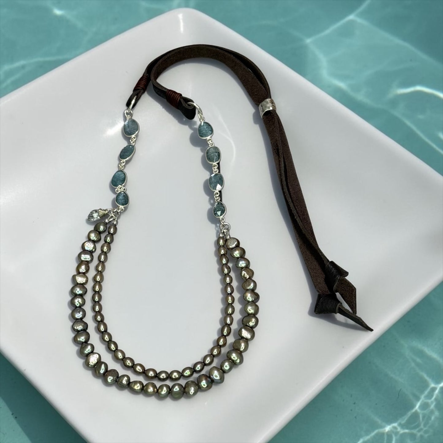 Agua Dulce - Hand Cut Aqua Kyanite with Shimmery Sand Colored Pearls - Adjustable Leather Necklace