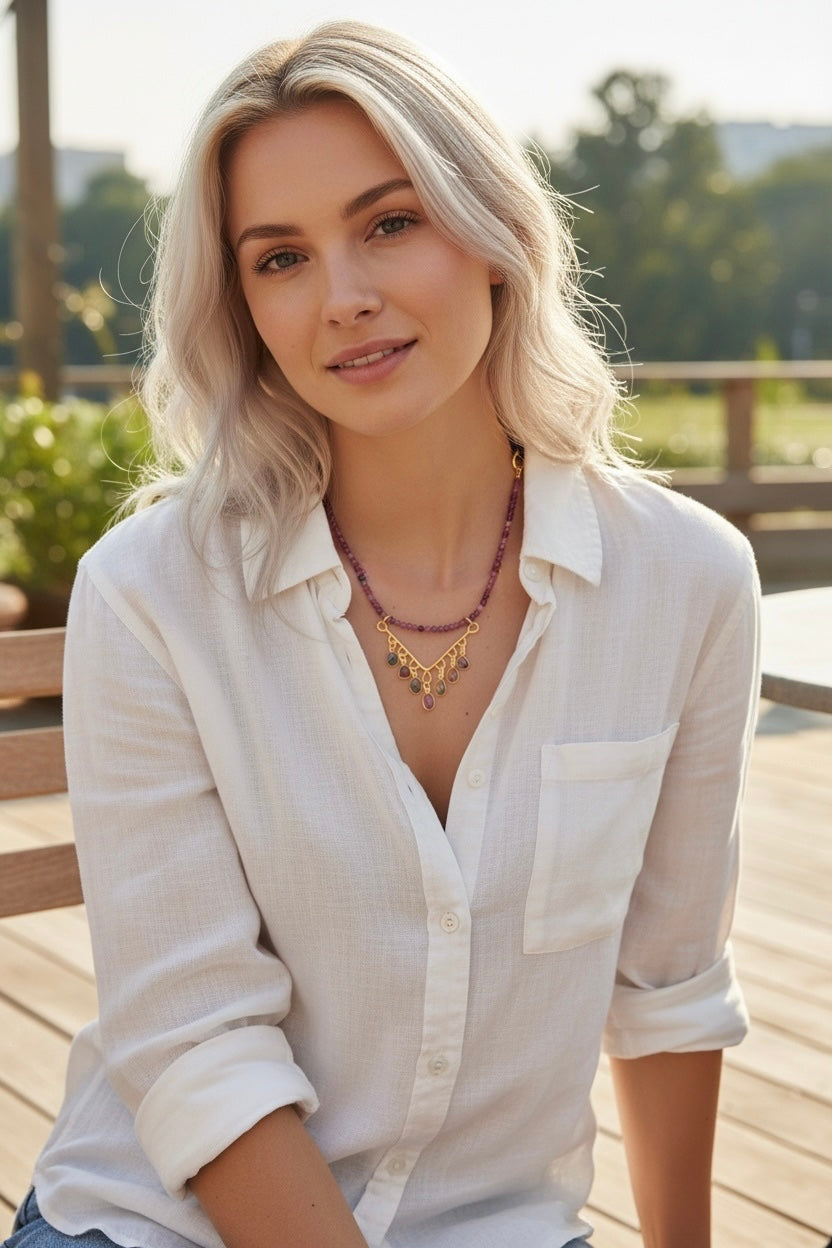 Watermelon Days - Hand Cut Watermelon Tourmaline and 14k Gold - Adjustable Leather Necklace