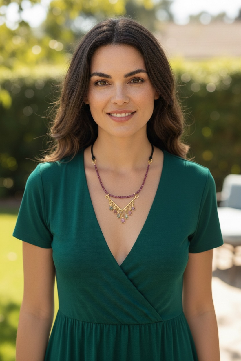 Watermelon Days - Hand Cut Watermelon Tourmaline and 14k Gold - Adjustable Leather Necklace