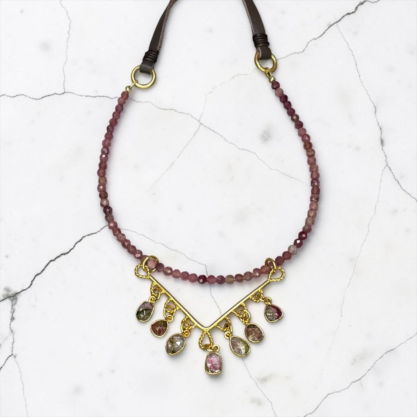Watermelon Days - Hand Cut Watermelon Tourmaline and 14k Gold - Adjustable Leather Necklace