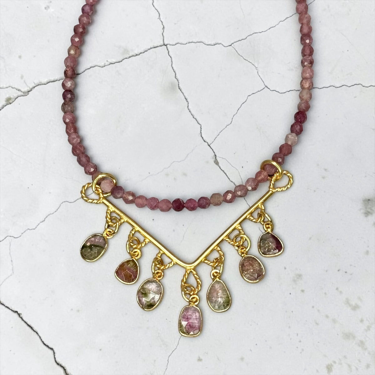 Watermelon Days - Hand Cut Watermelon Tourmaline and 14k Gold - Adjustable Leather Necklace