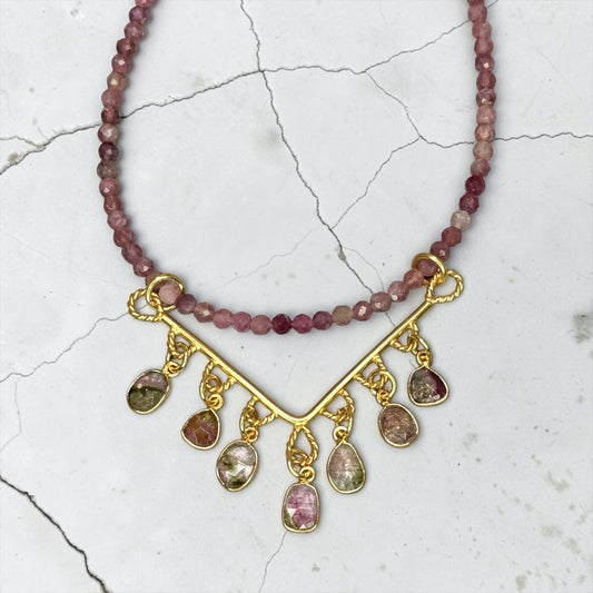 Watermelon Days - Hand Cut Watermelon Tourmaline and 14k Gold - Adjustable Leather Necklace