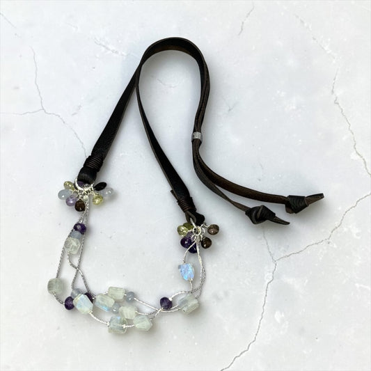 Float - Rainbow Moonstone, Blue Chalcedony, Amethyst, Peridot, and Smokey Quartz - Adjustable Leather Necklace