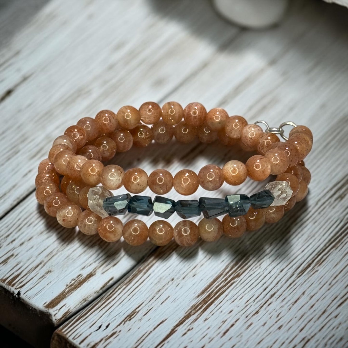 Orange Crush - Sparkly Sunstone and London Blue Topaz Wrap Bracelet/Convertible Necklace