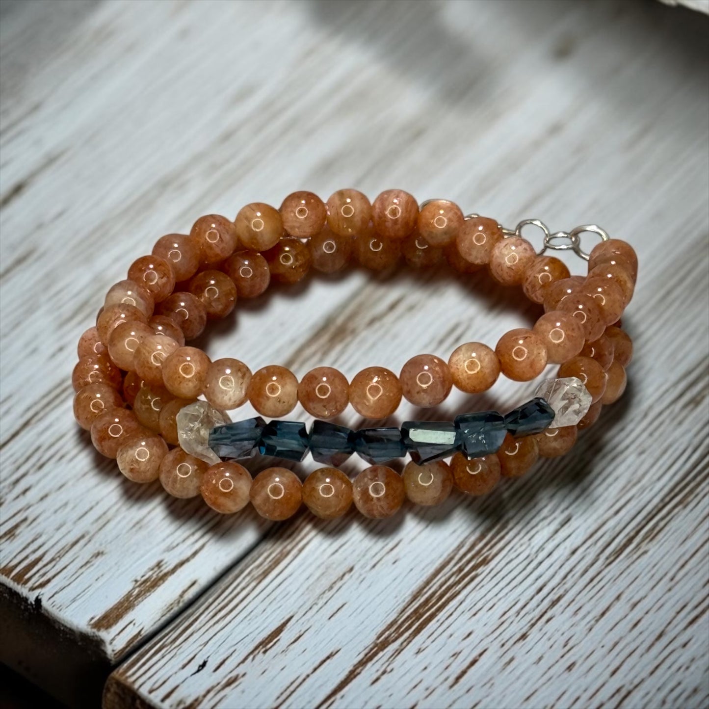 Orange Crush - Sparkly Sunstone and London Blue Topaz Wrap Bracelet/Convertible Necklace