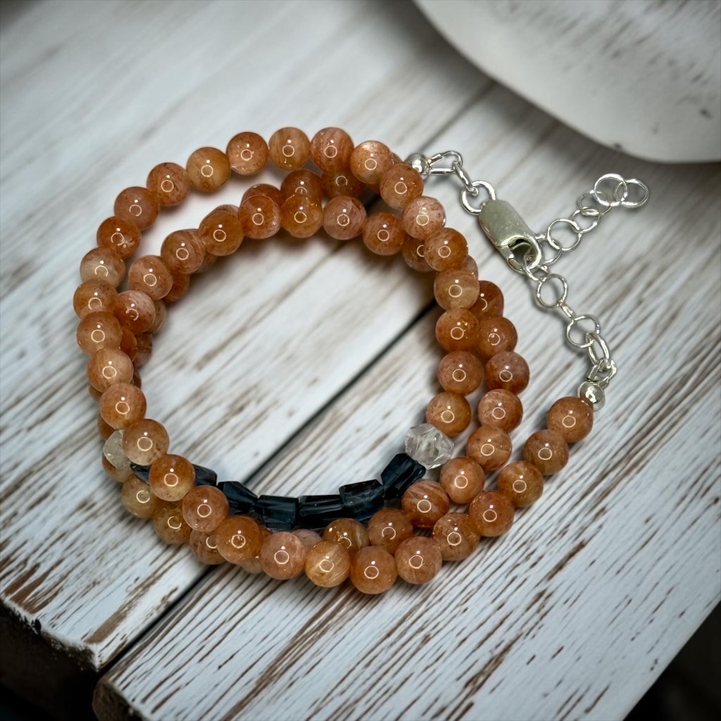 Orange Crush - Sparkly Sunstone and London Blue Topaz Wrap Bracelet/Convertible Necklace