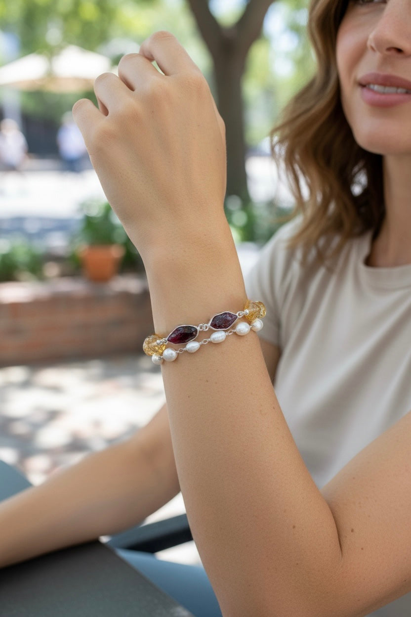 Sunny Days - Citrine Garnet, and Pearls Adjustable Bracelet