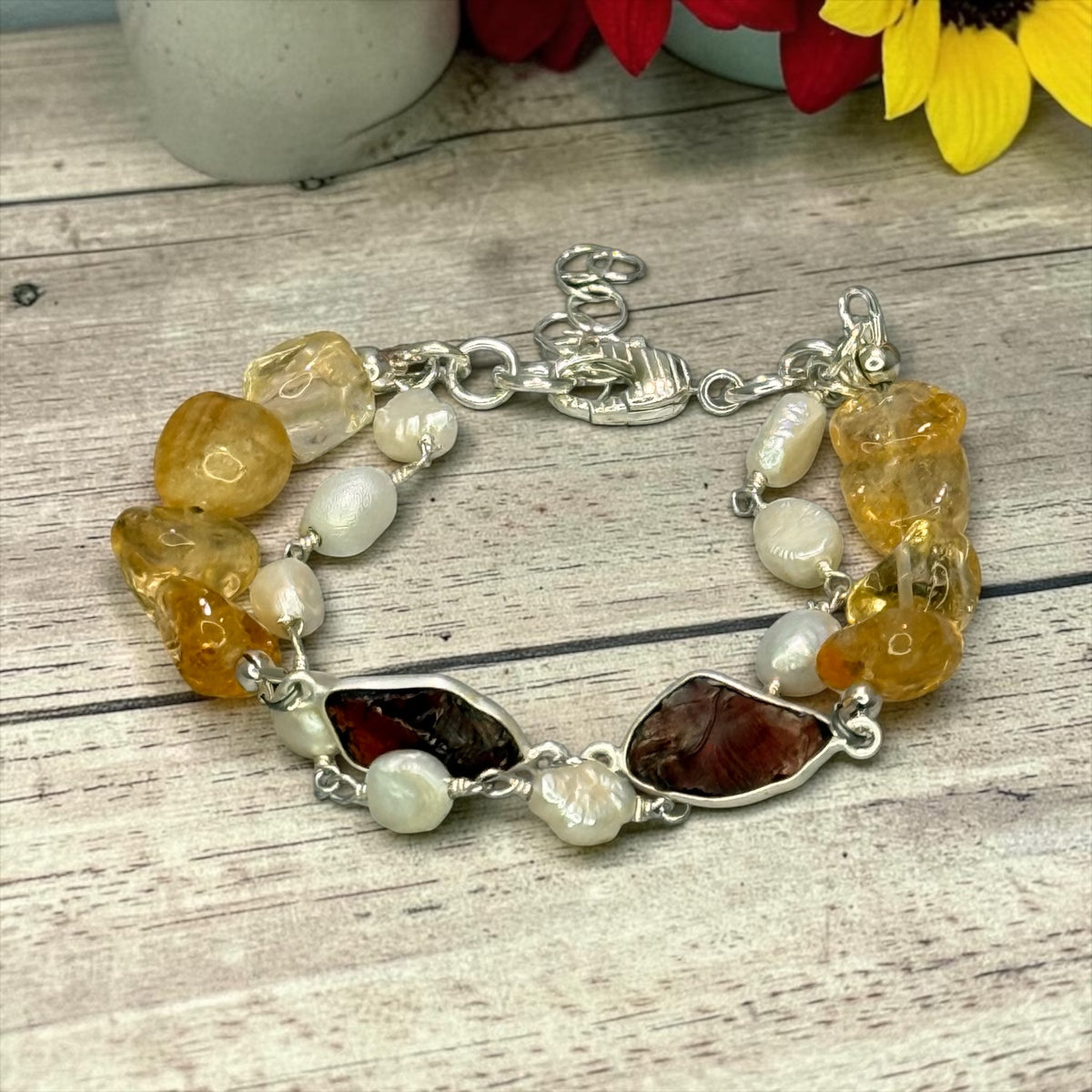 Sunny Days - Citrine Garnet, and Pearls Adjustable Bracelet