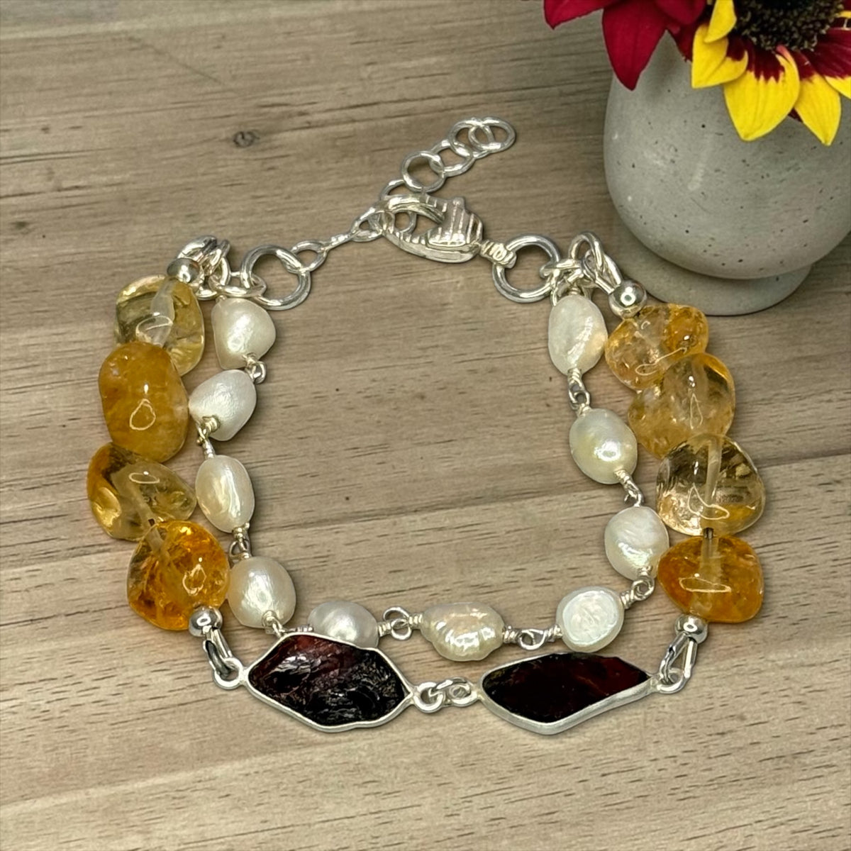 Sunny Days - Citrine Garnet, and Pearls Adjustable Bracelet