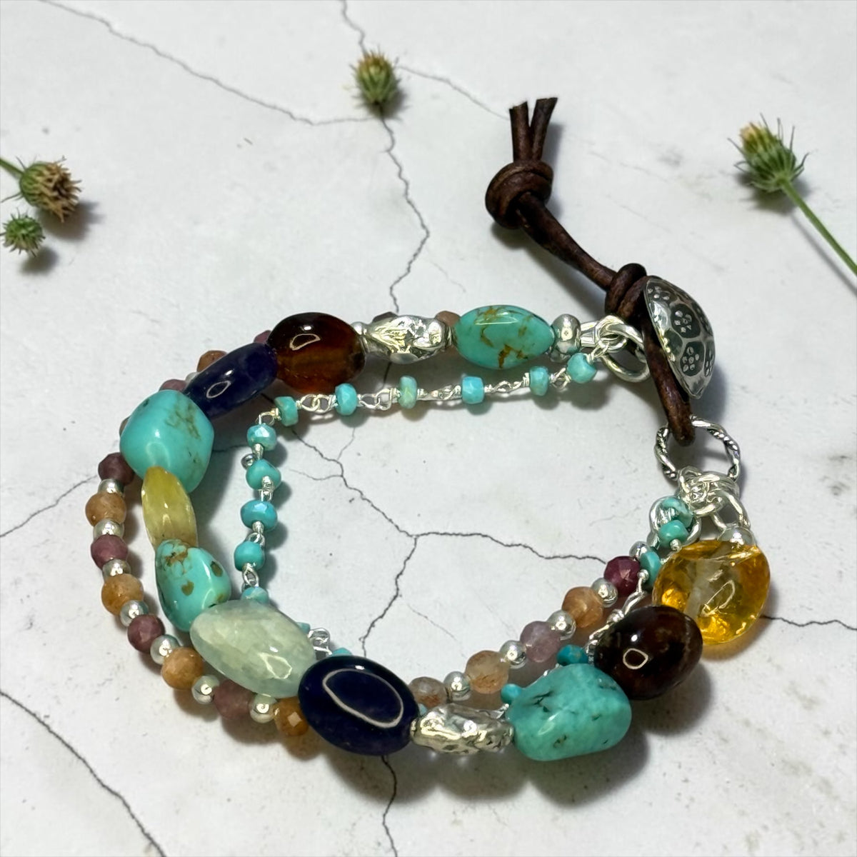 Virginia Highlands - Nevada Turquoise, Amethyst, Aquamarine, Garnet, Citrine, and Pure Silver Adjustable Bracelet