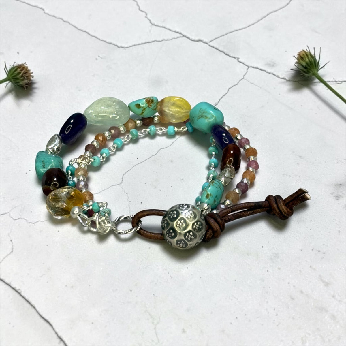 Virginia Highlands - Nevada Turquoise, Amethyst, Aquamarine, Garnet, Citrine, and Pure Silver Adjustable Bracelet