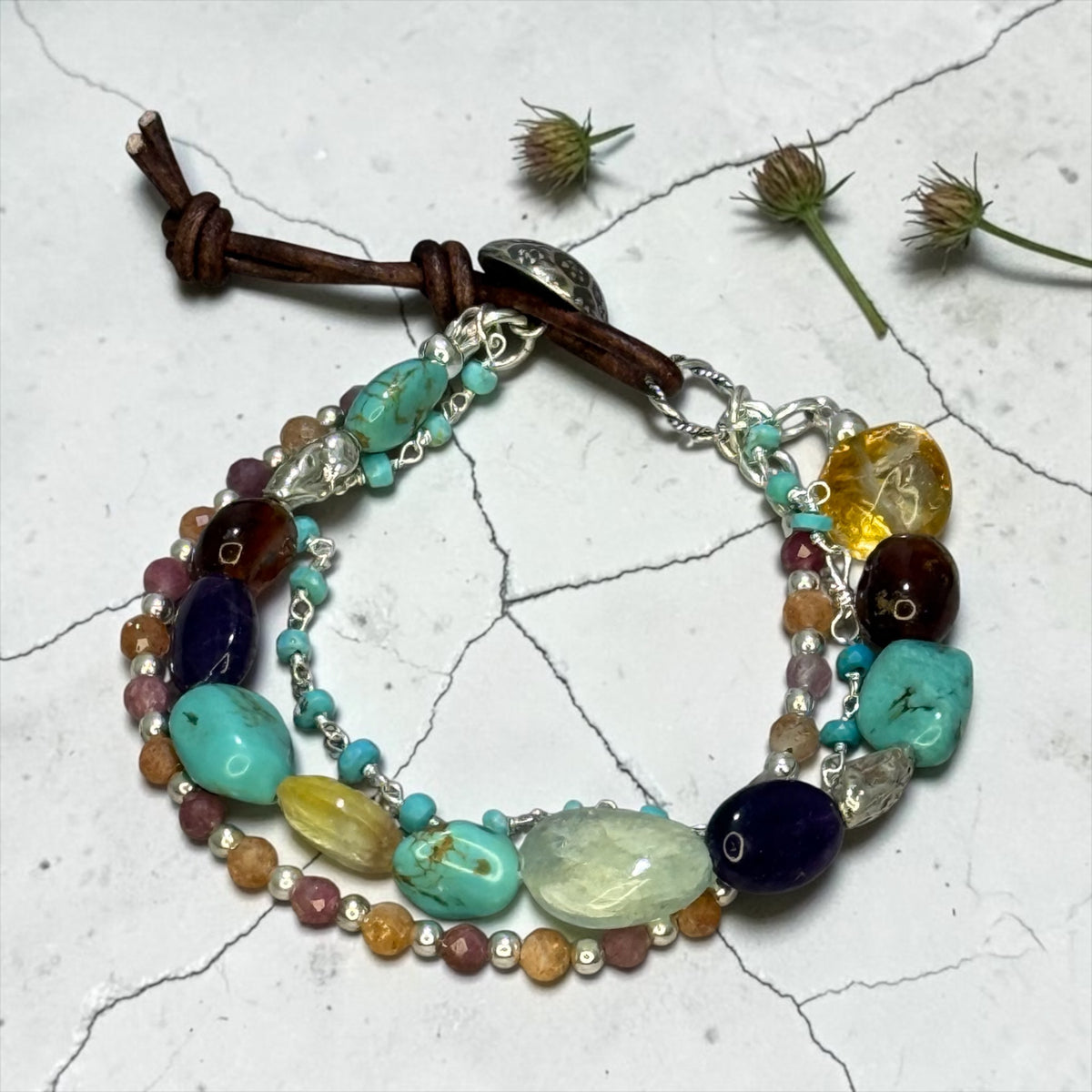 Virginia Highlands - Nevada Turquoise, Amethyst, Aquamarine, Garnet, Citrine, and Pure Silver Adjustable Bracelet