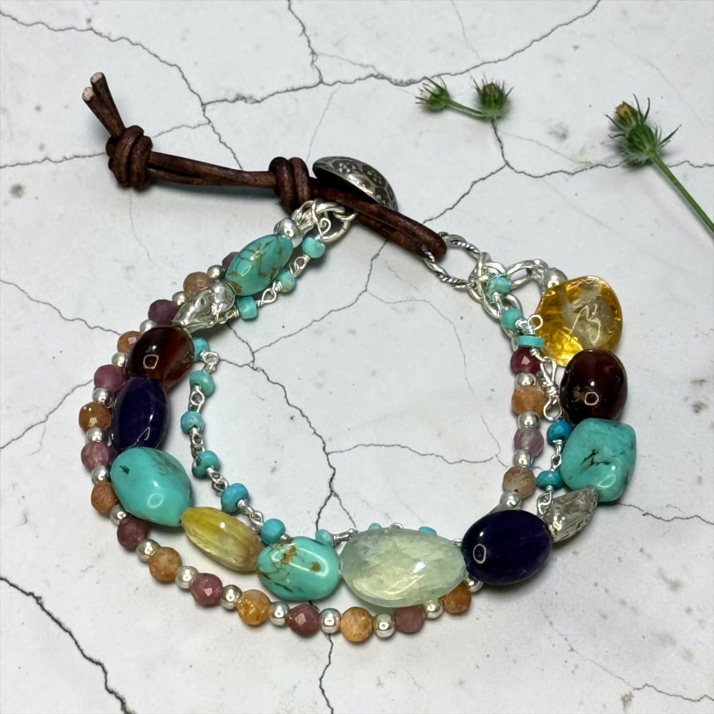 Virginia Highlands - Nevada Turquoise, Amethyst, Aquamarine, Garnet, Citrine, and Pure Silver Adjustable Bracelet
