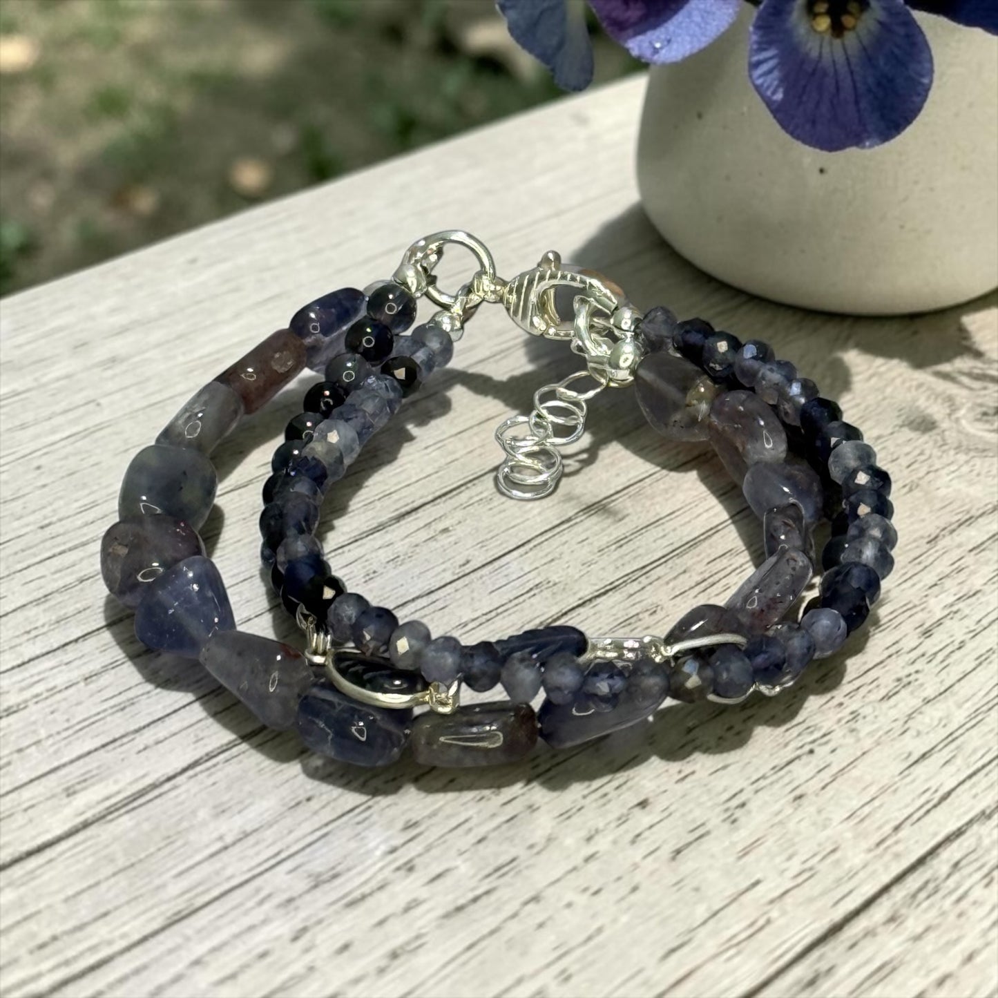 Iolite of My Life - Bloodshot Iolite with Hand Carved Iolite Leaves - Adjustable 3 Strand Bracelet
