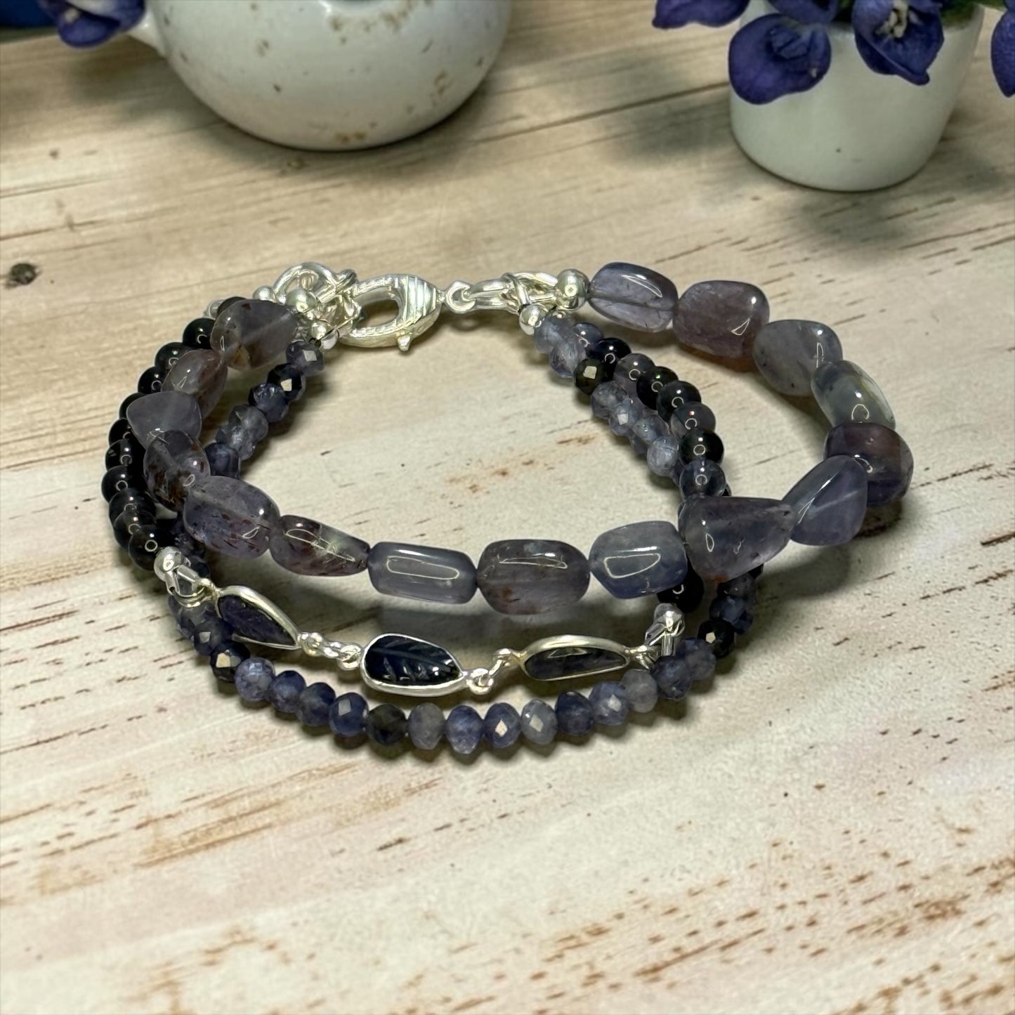 Iolite of My Life - Bloodshot Iolite with Hand Carved Iolite Leaves - Adjustable 3 Strand Bracelet