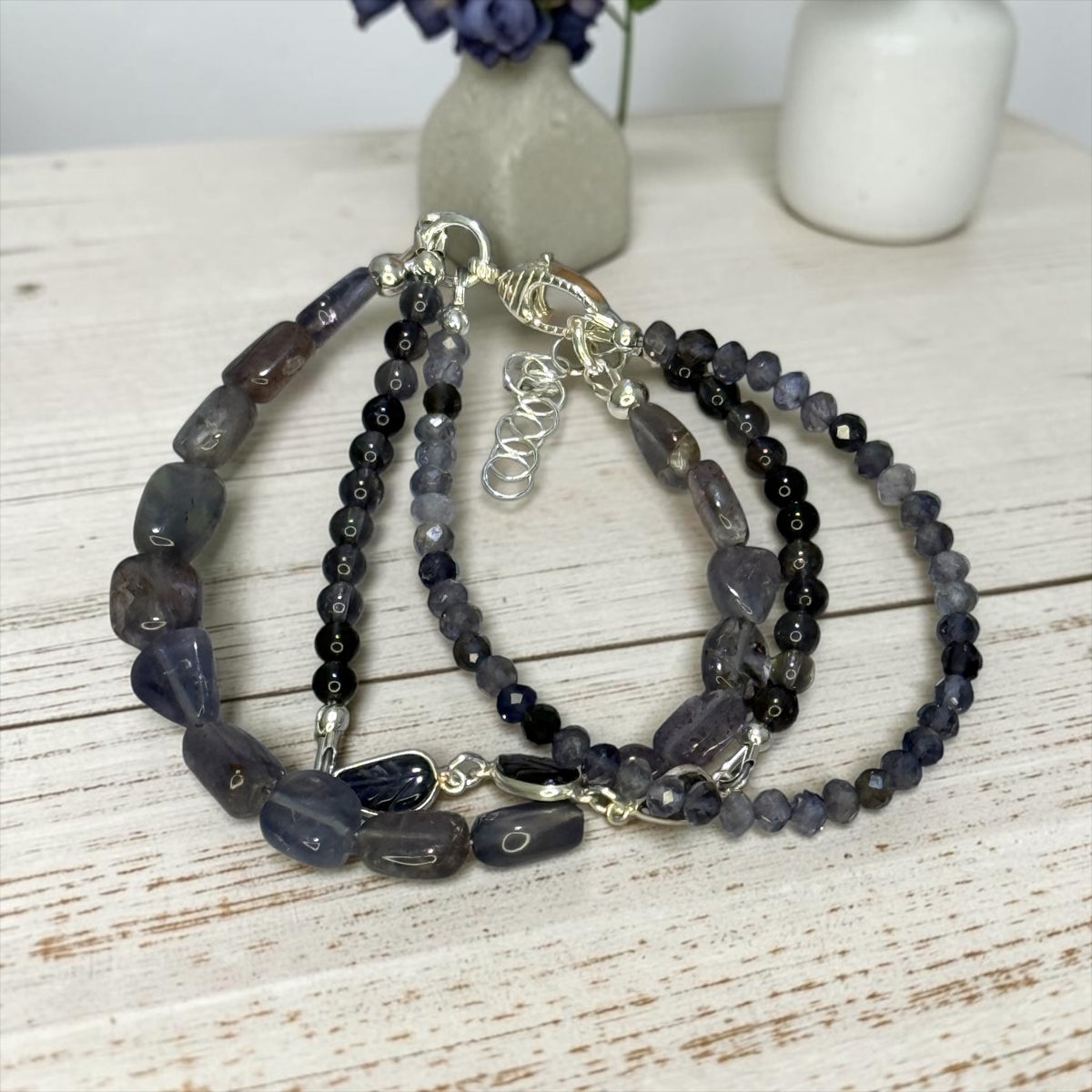 Iolite of My Life - Bloodshot Iolite with Hand Carved Iolite Leaves - Adjustable 3 Strand Bracelet