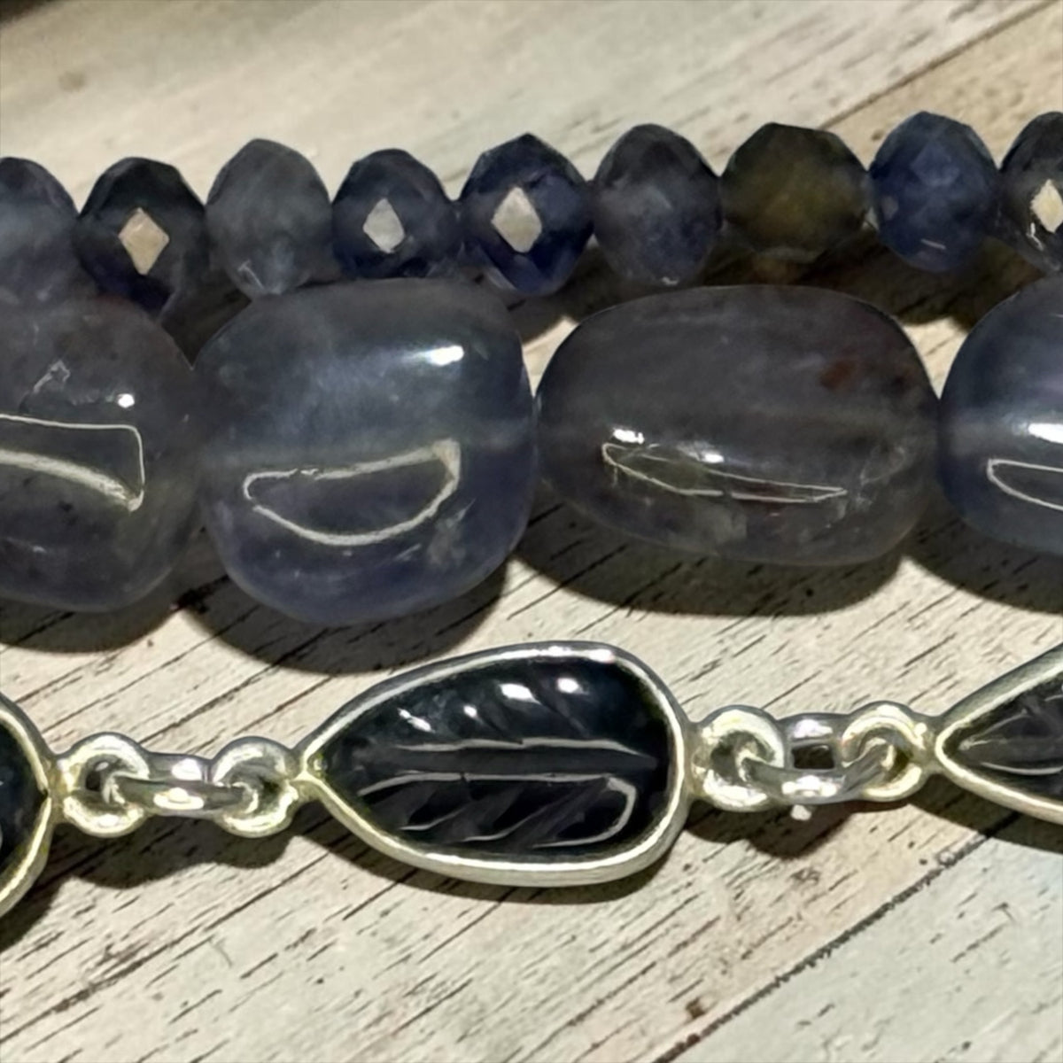 Iolite of My Life - Bloodshot Iolite with Hand Carved Iolite Leaves - Adjustable 3 Strand Bracelet