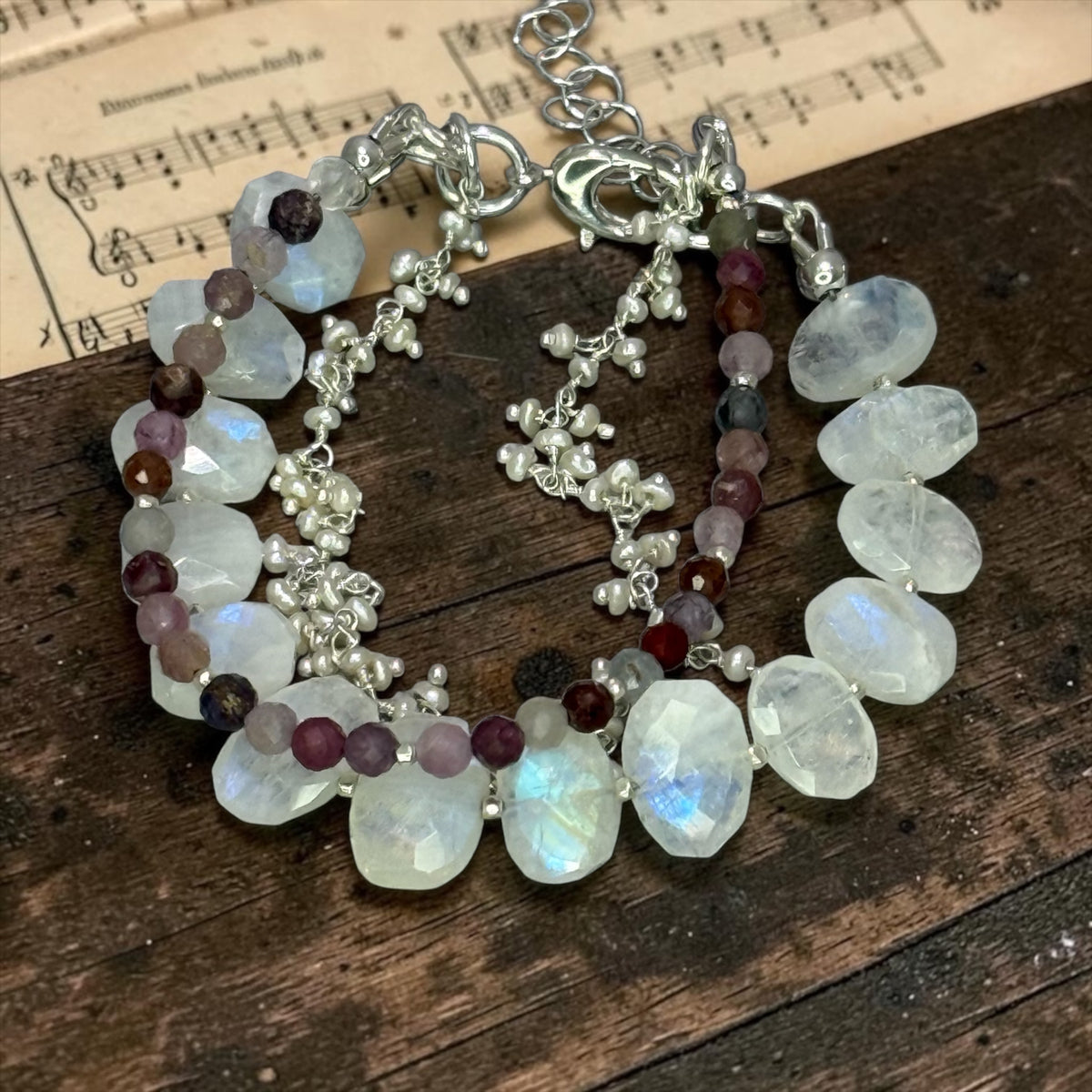 Serenade - Rainbow Moonstone, Multi Spinel, and Pearls - 3 Strand Adjustable Bracelet