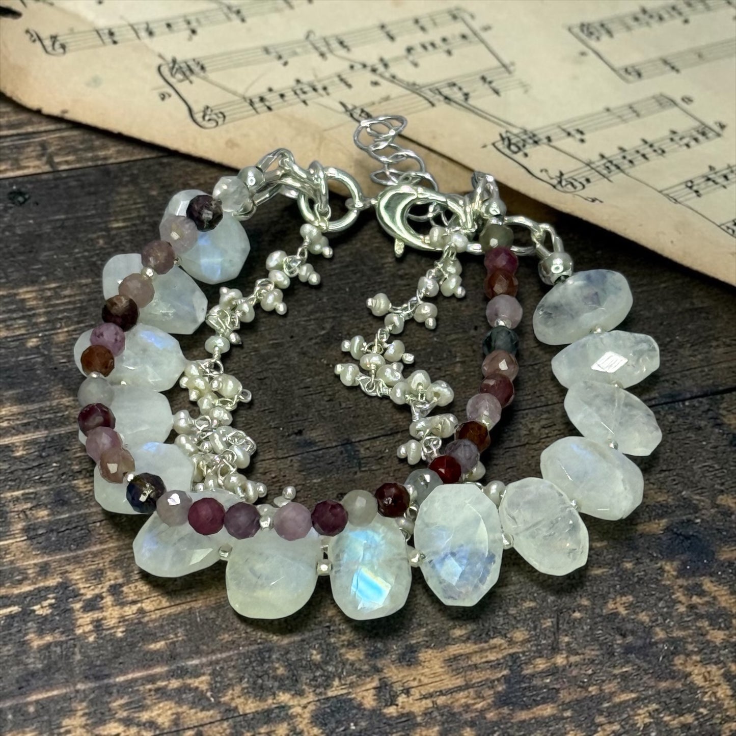 Serenade - Rainbow Moonstone, Multi Spinel, and Pearls - 3 Strand Adjustable Bracelet