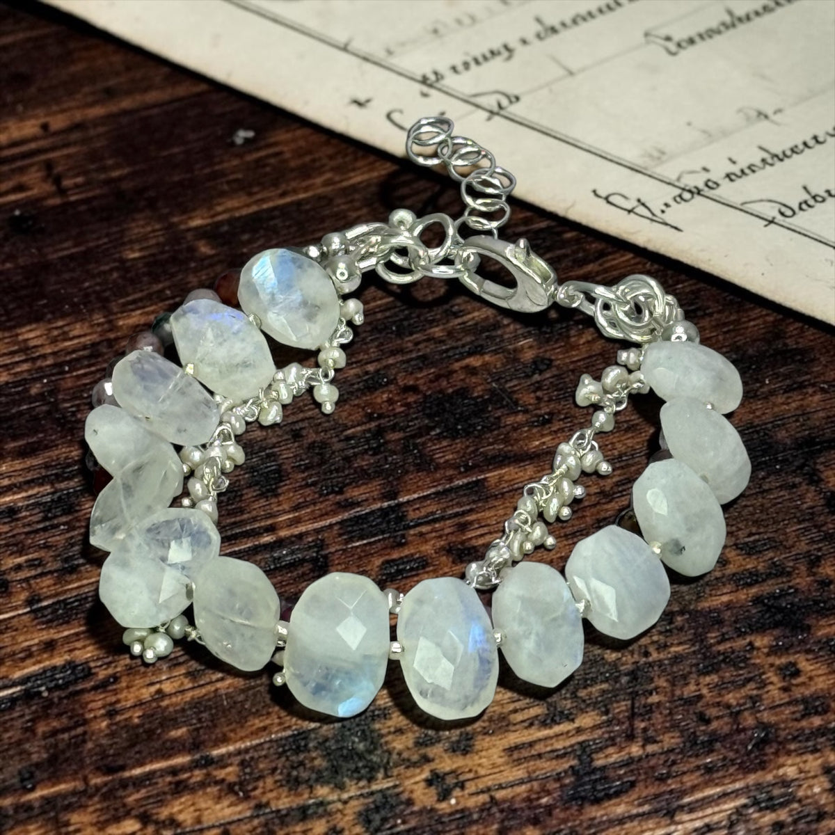 Serenade - Rainbow Moonstone, Multi Spinel, and Pearls - 3 Strand Adjustable Bracelet