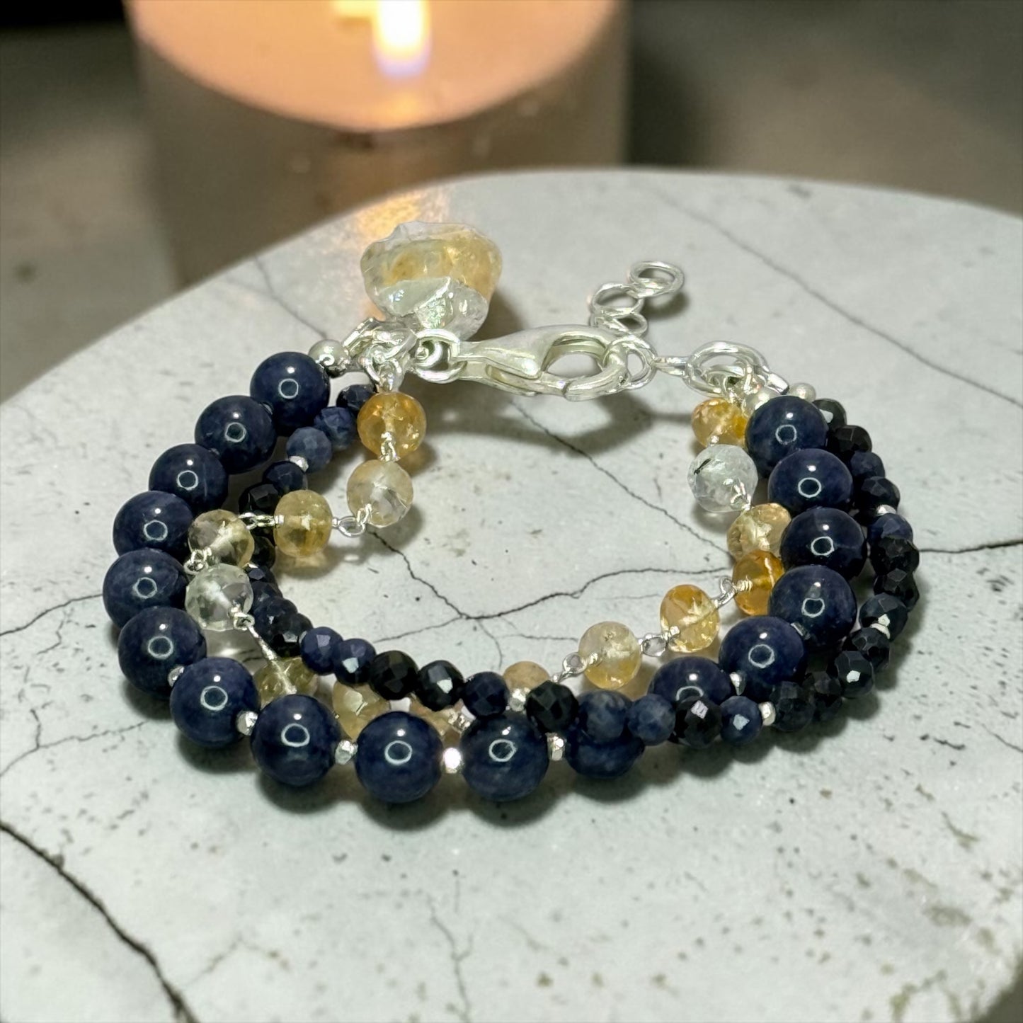 Kashmir Kozy - Velvety Blue Natural Sapphires and Golden Citrine - 3 Strand Adjustable Bracelet