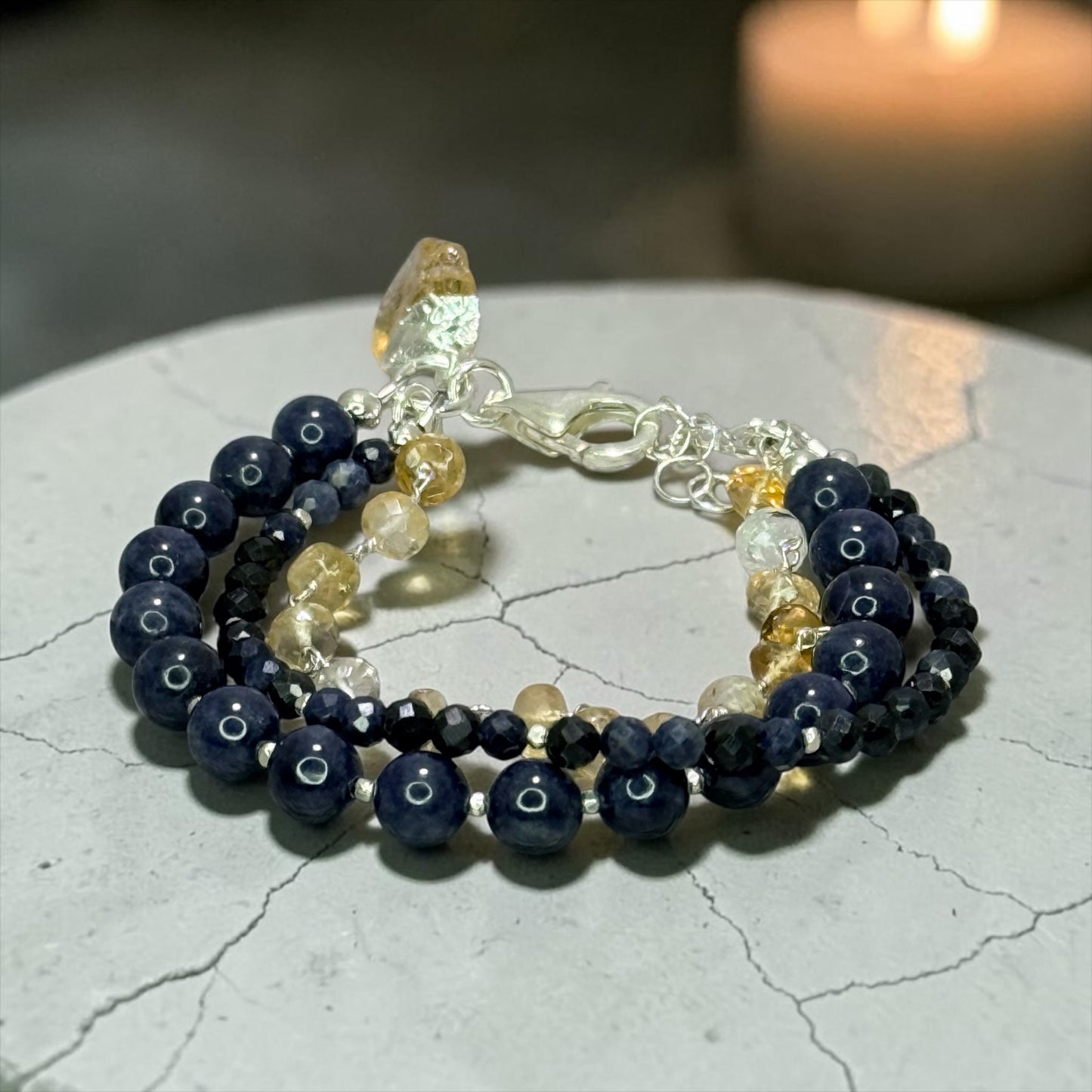 Kashmir Kozy - Velvety Blue Natural Sapphires and Golden Citrine - 3 Strand Adjustable Bracelet