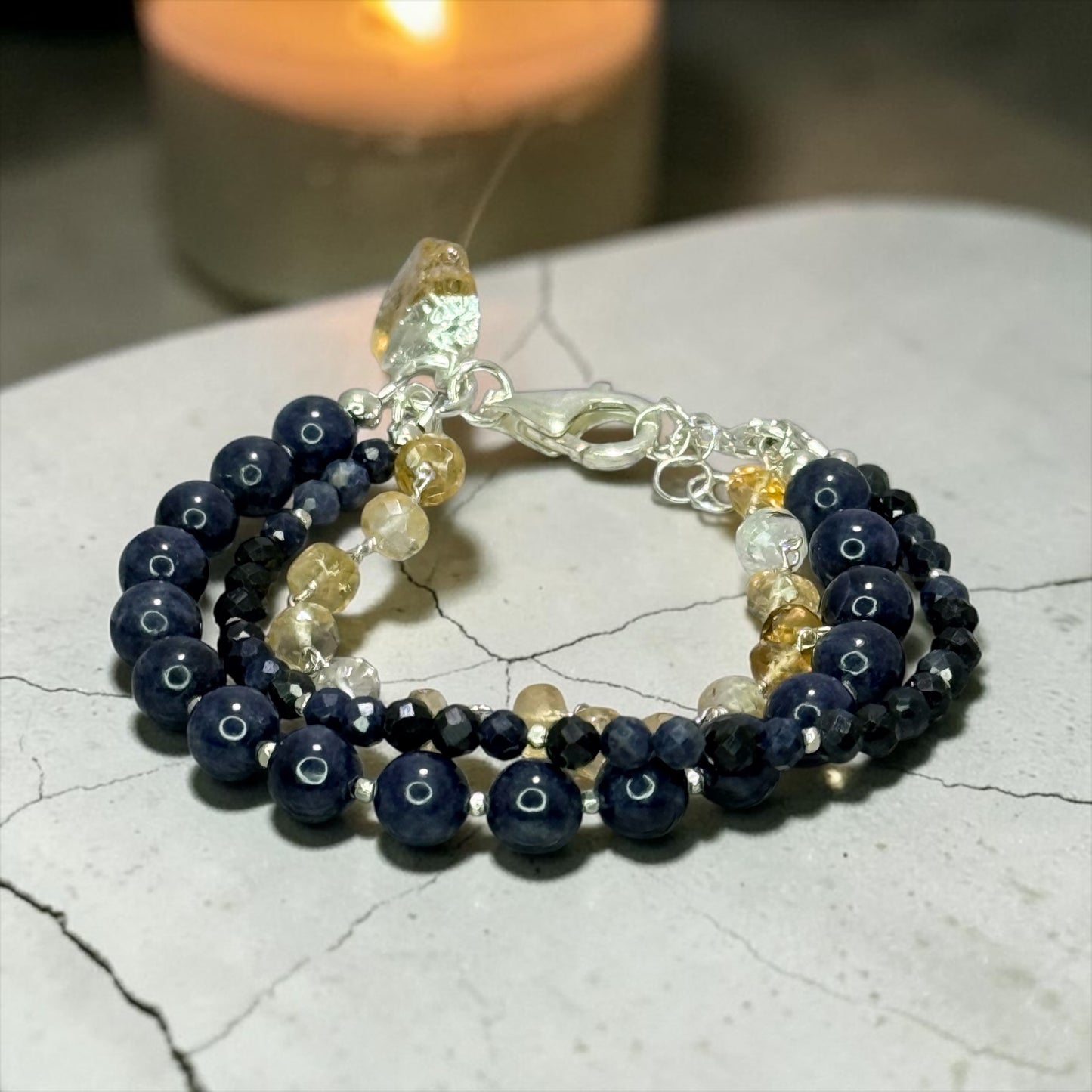 Kashmir Kozy - Velvety Blue Natural Sapphires and Golden Citrine - 3 Strand Adjustable Bracelet
