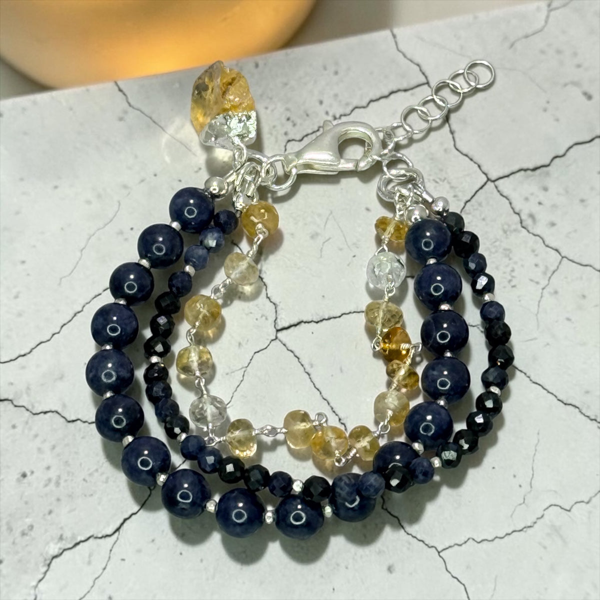 Kashmir Kozy - Velvety Blue Natural Sapphires and Golden Citrine - 3 Strand Adjustable Bracelet