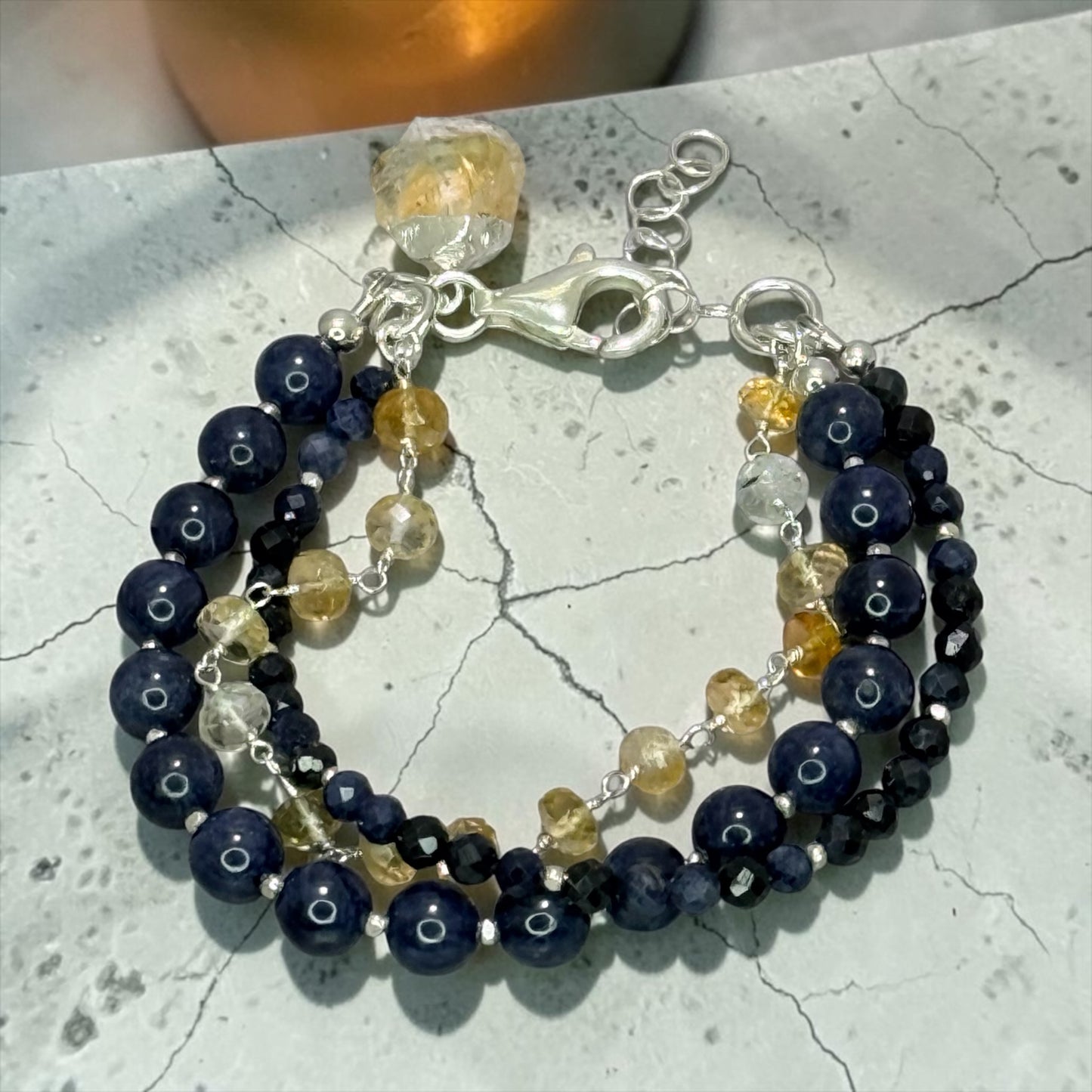 Kashmir Kozy - Velvety Blue Natural Sapphires and Golden Citrine - 3 Strand Adjustable Bracelet
