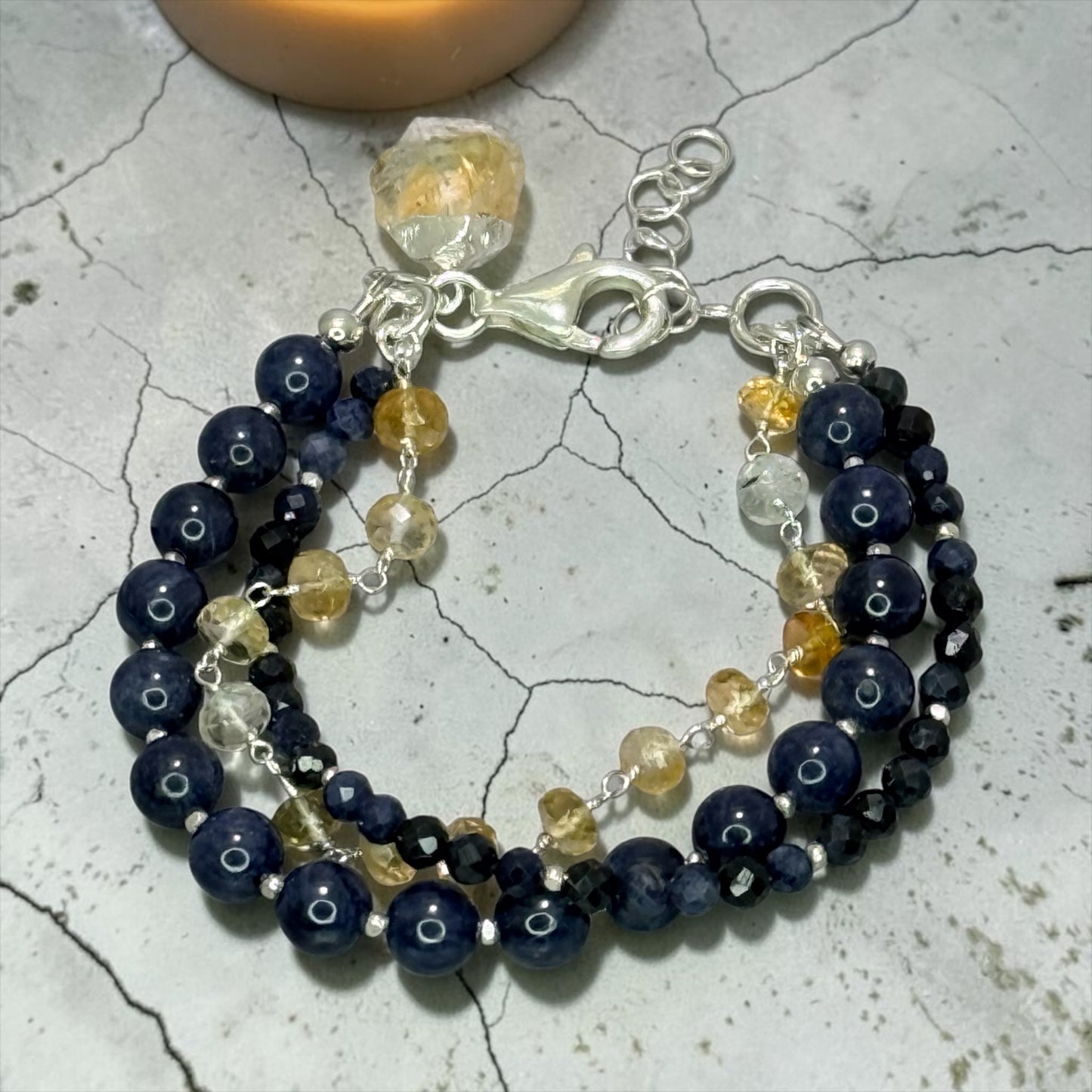 Kashmir Kozy - Velvety Blue Natural Sapphires and Golden Citrine - 3 Strand Adjustable Bracelet