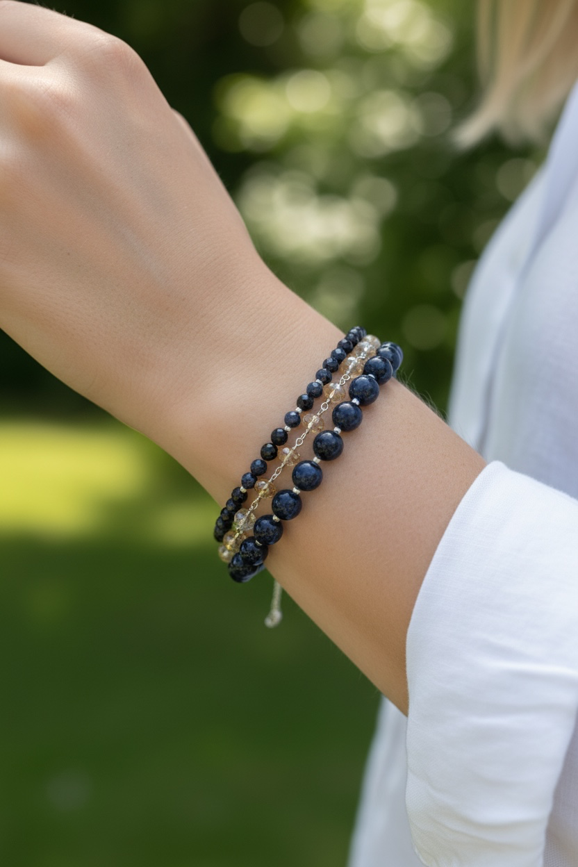 Kashmir Kozy - Velvety Blue Natural Sapphires and Golden Citrine - 3 Strand Adjustable Bracelet