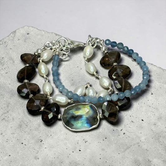 Hummingbird - Smokey Quartz, Labradorite, Pearls, and Aquamarine - 3 Strand Adjustable Bracelet