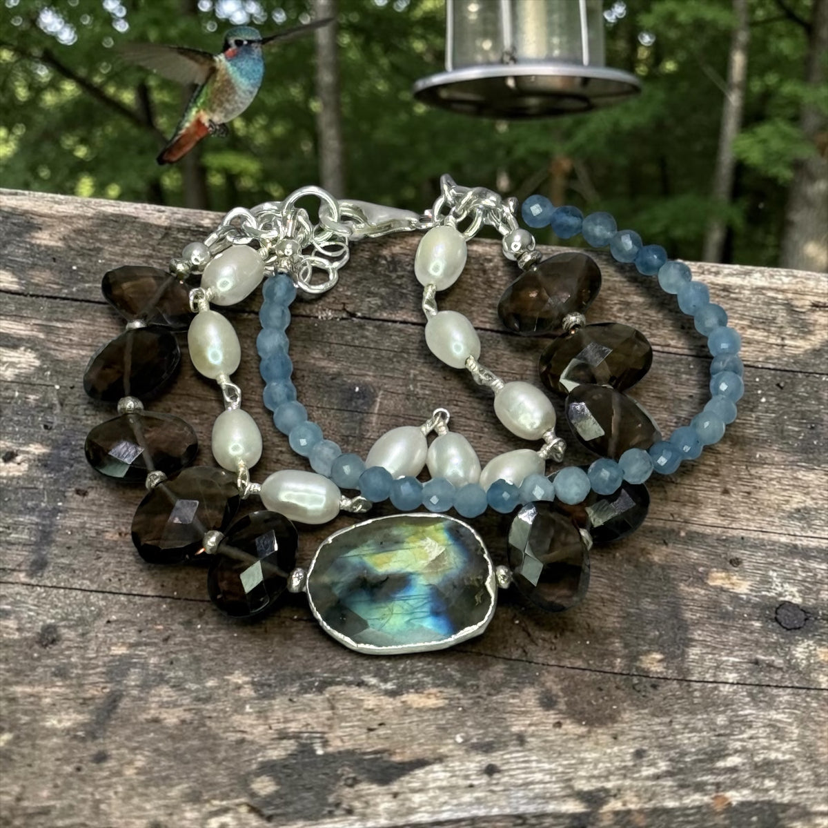 Hummingbird - Smokey Quartz, Labradorite, Pearls, and Aquamarine - 3 Strand Adjustable Bracelet