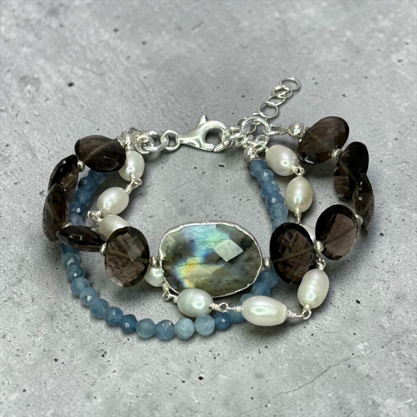 Hummingbird - Smokey Quartz, Labradorite, Pearls, and Aquamarine - 3 Strand Adjustable Bracelet