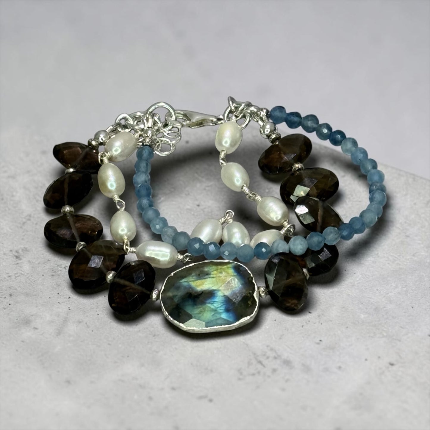 Hummingbird - Smokey Quartz, Labradorite, Pearls, and Aquamarine - 3 Strand Adjustable Bracelet