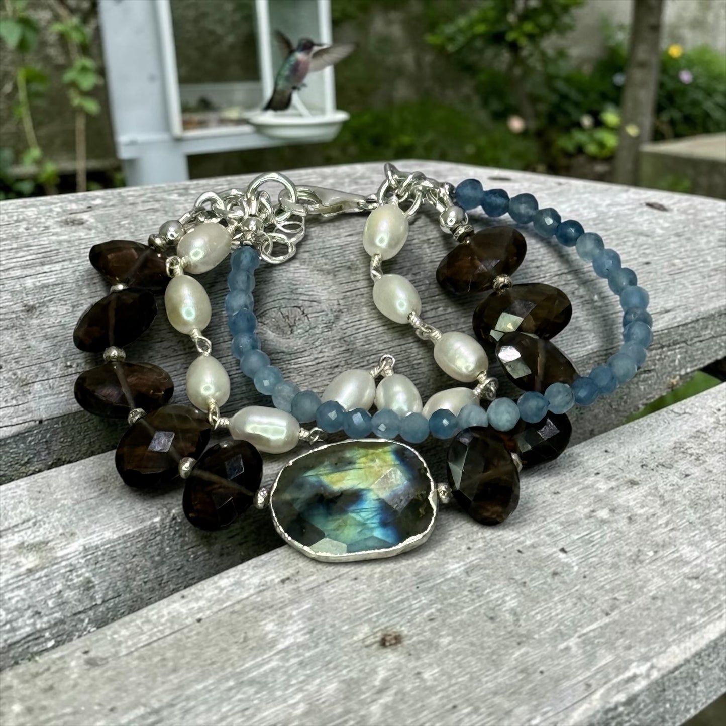 Hummingbird - Smokey Quartz, Labradorite, Pearls, and Aquamarine - 3 Strand Adjustable Bracelet