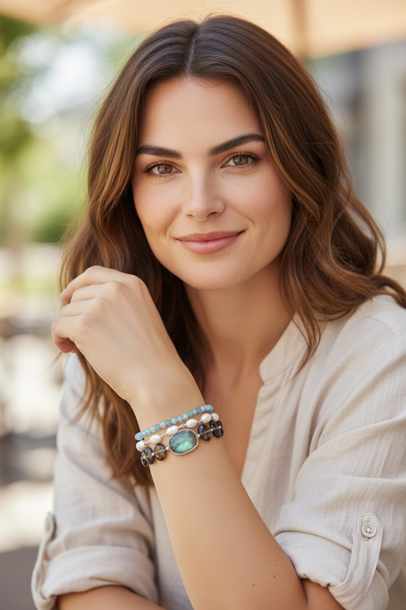 Hummingbird - Smokey Quartz, Labradorite, Pearls, and Aquamarine - 3 Strand Adjustable Bracelet